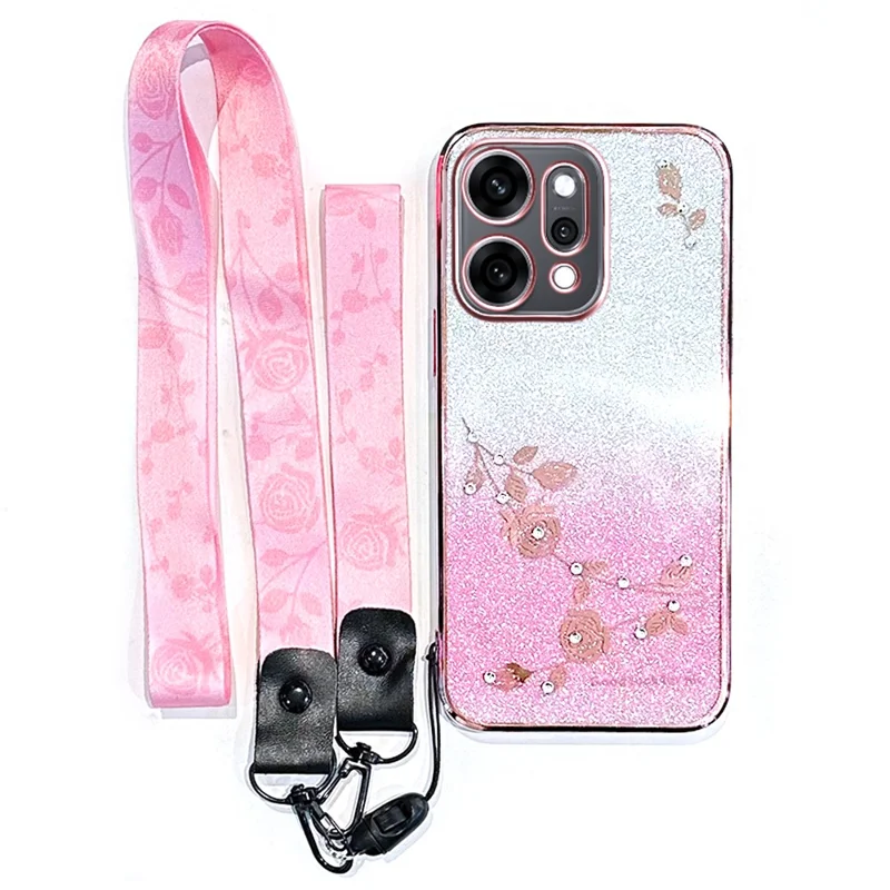 KADEM For Oppo Reno14 Pro 5G (Global) Case Flower Pattern TPU Gradient Phone Cover with Lanyards - Rose Gold