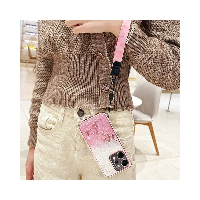 KADEM For Oppo Reno14 Pro 5G (Global) Case Flower Pattern TPU Gradient Phone Cover with Lanyards - Rose Gold