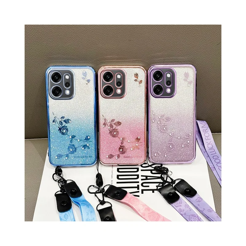 KADEM For Oppo Reno14 Pro 5G (Global) Case Flower Pattern TPU Gradient Phone Cover with Lanyards - Rose Gold