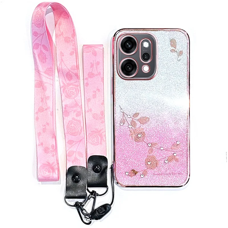 KADEM für Oppo Reno14 5G (Global) Hülle mit Blumenmuster TPU Farbverlauf Handyhülle mit Trageband - Roségold