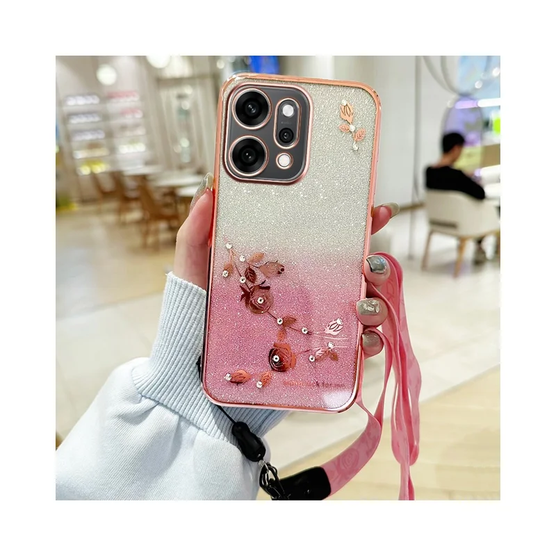 KADEM für Oppo Reno14 5G (Global) Hülle mit Blumenmuster TPU Farbverlauf Handyhülle mit Trageband - Roségold