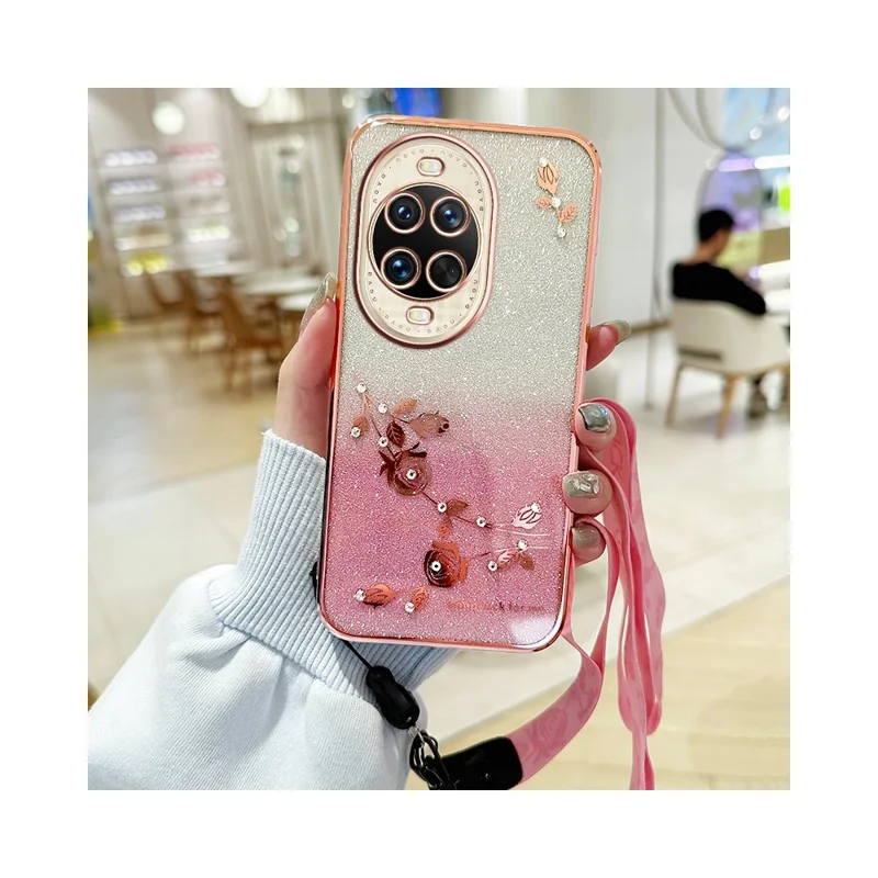 KADEM For Huawei nova 14 Ultra 5G Case Flower Pattern TPU Gradient Phone Cover with Lanyards - Rose Gold