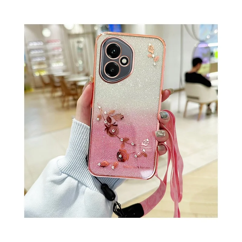 KADEM para Honor 400 5G (Global) Funda con Patrón Floral de TPU Degradado con Cordones - Oro Rosa