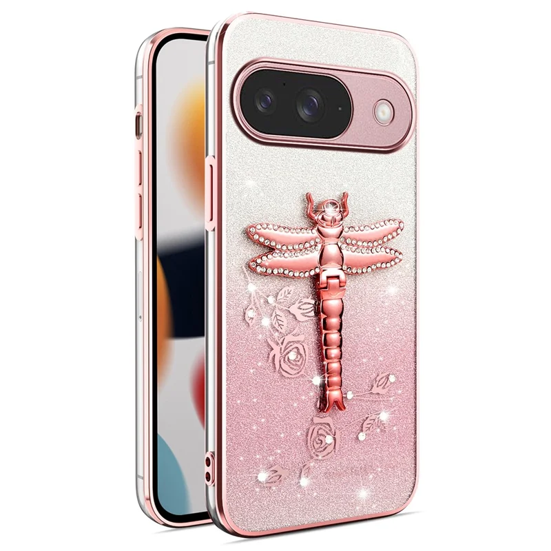 KADEM For Google Pixel 10 / 10 Pro Case Dragonfly Kickstand TPU Flowers Glitter Phone Cover - Pink