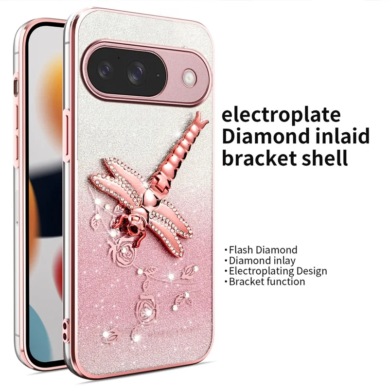 KADEM For Google Pixel 10 / 10 Pro Case Dragonfly Kickstand TPU Flowers Glitter Phone Cover - Pink