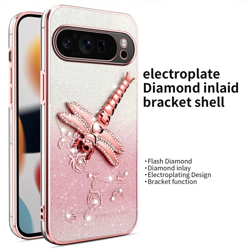 KADEM For Google Pixel 10 Pro XL Case Dragonfly Kickstand TPU Flowers Glitter Phone Cover - Pink