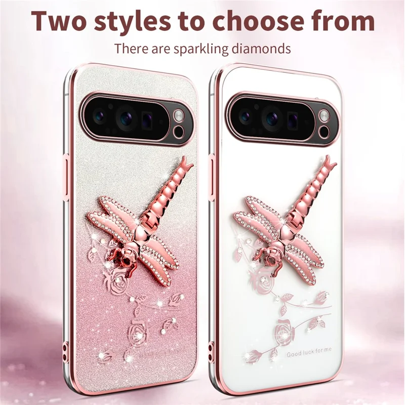 KADEM For Google Pixel 10 Pro XL Case Dragonfly Kickstand TPU Flowers Glitter Phone Cover - Pink