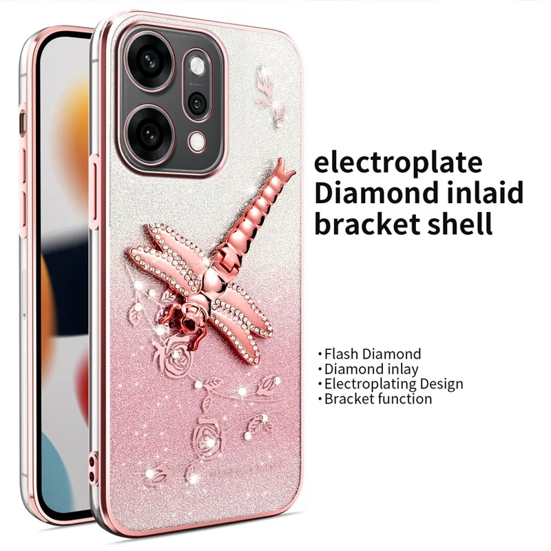 KADEM For Oppo Reno14 5G (Global) Case Dragonfly Kickstand TPU Flowers Glitter Phone Cover - Pink