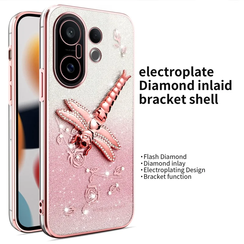 KADEM For vivo S30 Pro mini 5G Case Dragonfly Kickstand TPU Flowers Glitter Phone Cover - Pink
