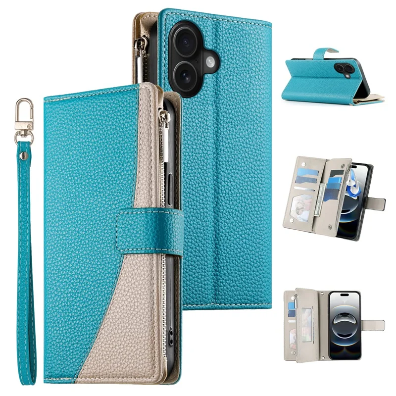 For iPhone 16 Case Zipper Pocket Wallet Color Splicing Leather Flip Phone Cover with Straps - Lake Blue