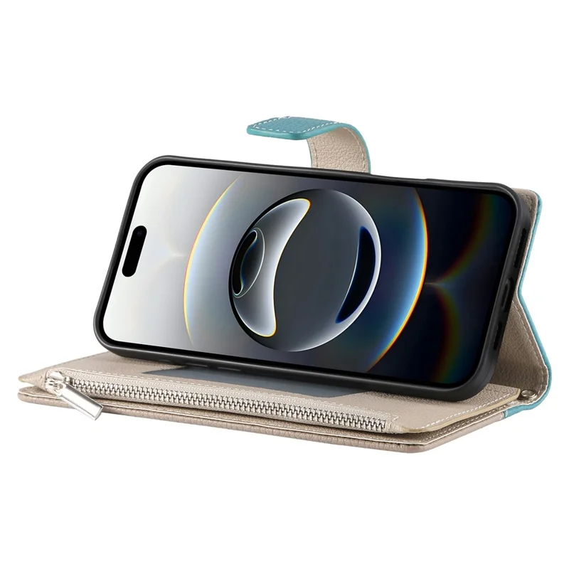 For iPhone 16 Case Zipper Pocket Wallet Color Splicing Leather Flip Phone Cover with Straps - Lake Blue