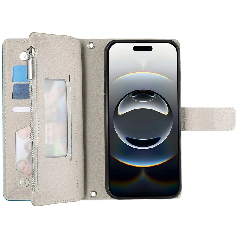 For iPhone 16 Case Zipper Pocket Wallet Color Splicing Leather Flip Phone Cover with Straps - Lake Blue