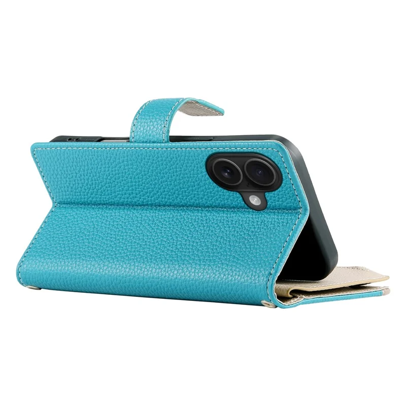 For iPhone 16 Case Zipper Pocket Wallet Color Splicing Leather Flip Phone Cover with Straps - Lake Blue