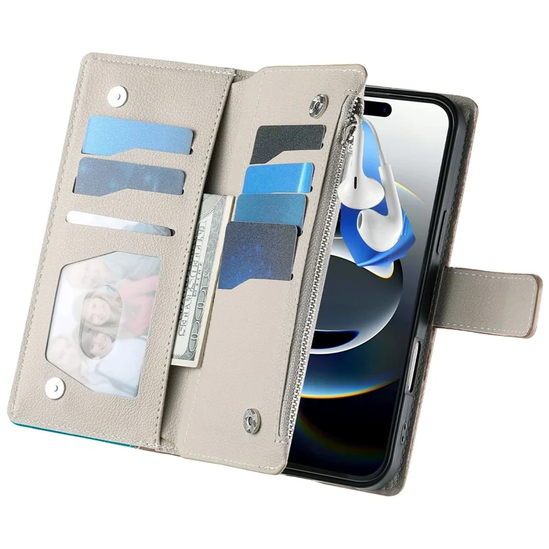For iPhone 16 Case Zipper Pocket Wallet Color Splicing Leather Flip Phone Cover with Straps - Lake Blue