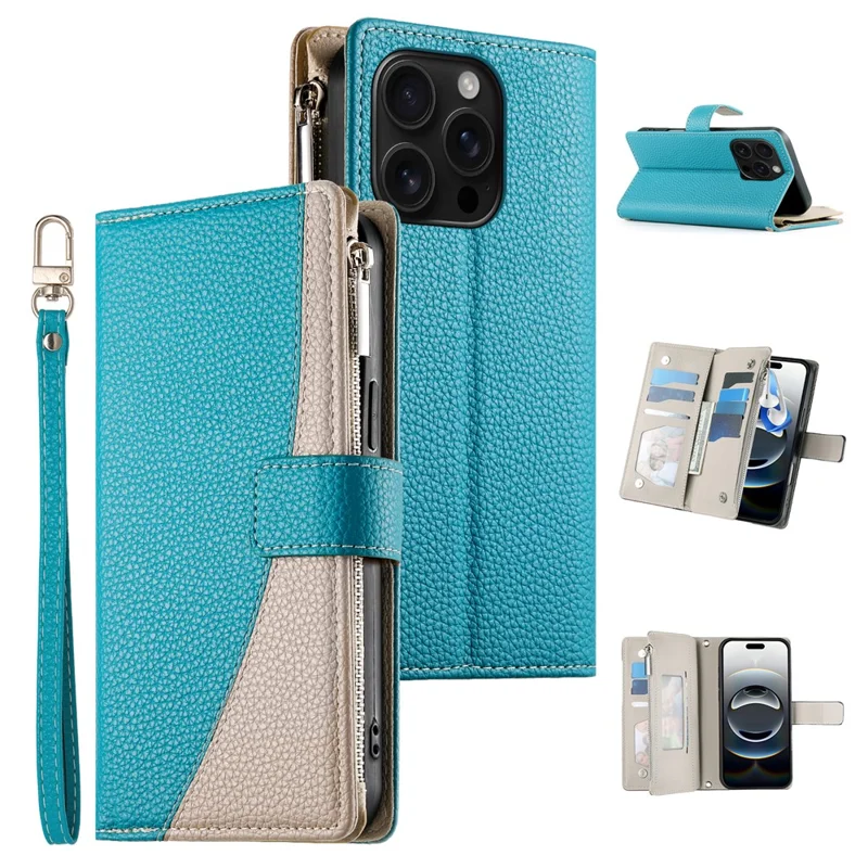 For iPhone 16 Pro Case Zipper Pocket Wallet Color Splicing Leather Flip Phone Cover with Straps - Lake Blue
