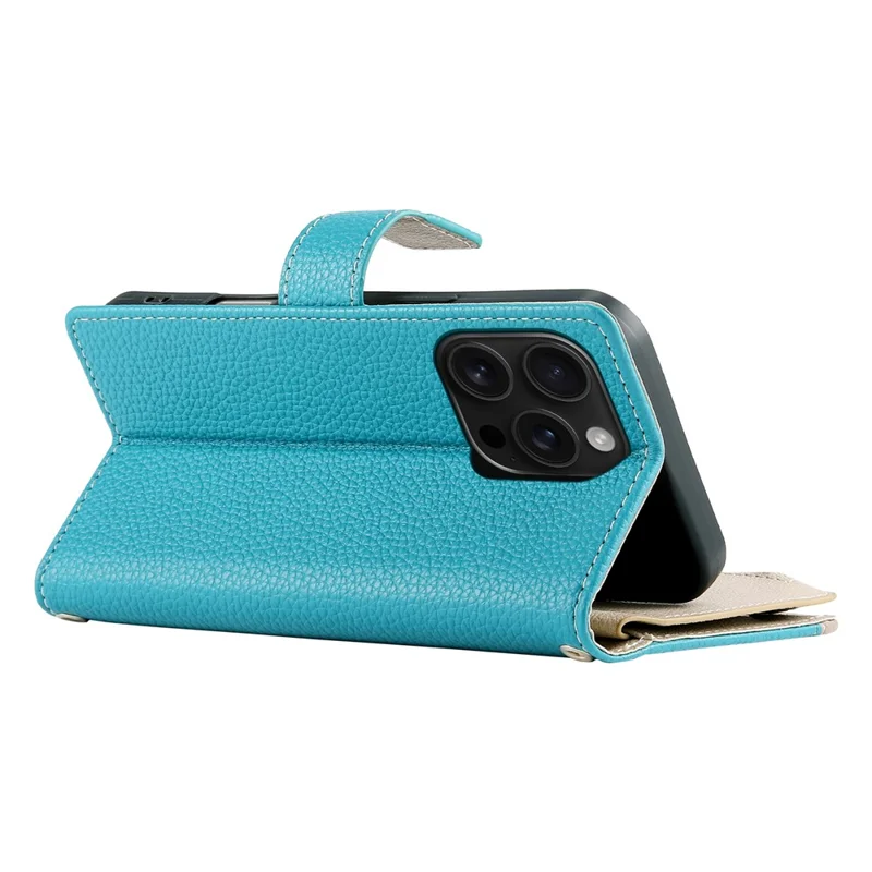 For iPhone 16 Pro Case Zipper Pocket Wallet Color Splicing Leather Flip Phone Cover with Straps - Lake Blue