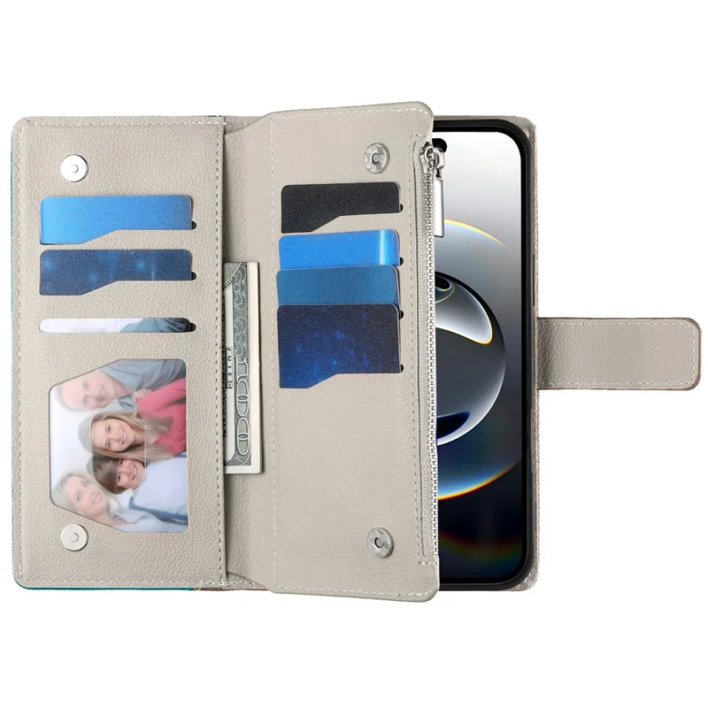 For iPhone 16 Pro Case Zipper Pocket Wallet Color Splicing Leather Flip Phone Cover with Straps - Lake Blue