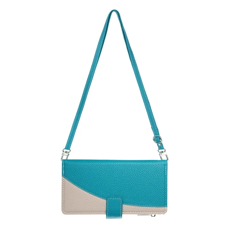 For iPhone 16 Pro Max Case Zipper Pocket Wallet Color Splicing Leather Flip Phone Cover with Straps - Lake Blue
