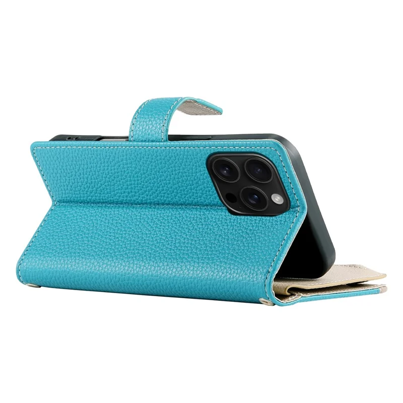 For iPhone 16 Pro Max Case Zipper Pocket Wallet Color Splicing Leather Flip Phone Cover with Straps - Lake Blue