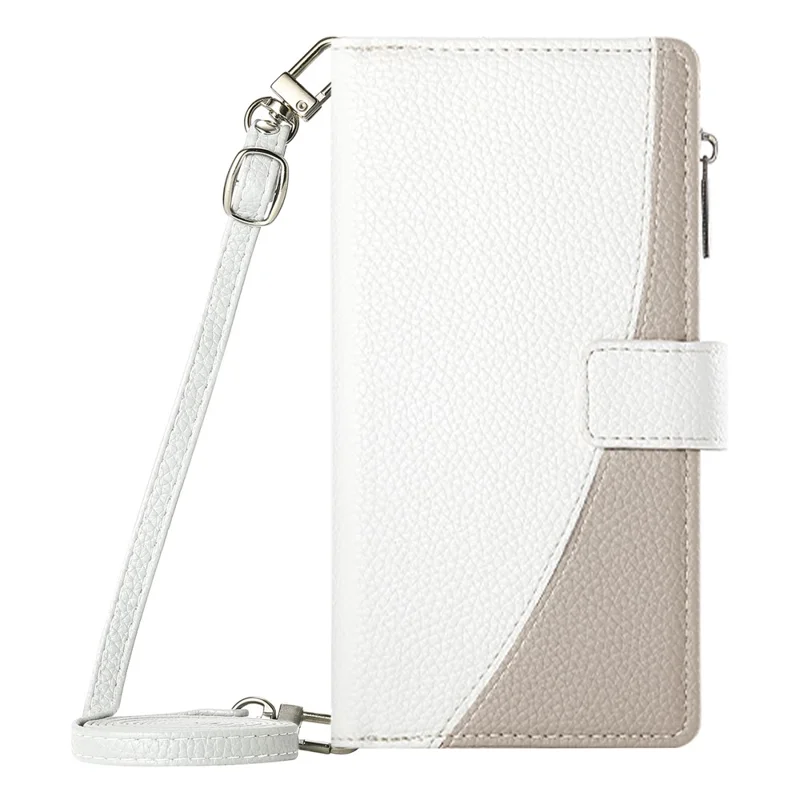 For iPhone 16 Pro Max Case Zipper Pocket Wallet Color Splicing Leather Flip Phone Cover with Straps - White