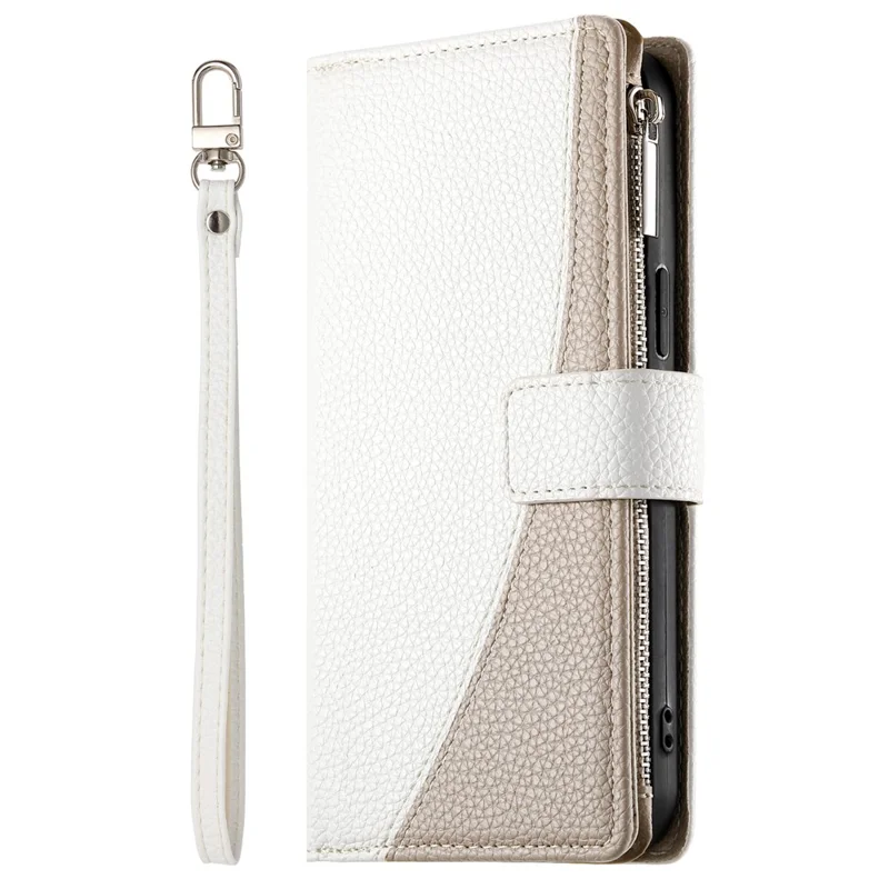 For iPhone 16 Pro Max Case Zipper Pocket Wallet Color Splicing Leather Flip Phone Cover with Straps - White