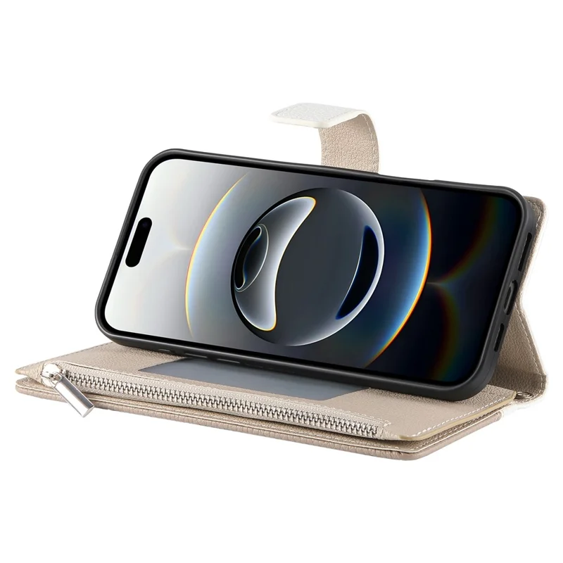 For iPhone 16 Pro Max Case Zipper Pocket Wallet Color Splicing Leather Flip Phone Cover with Straps - White