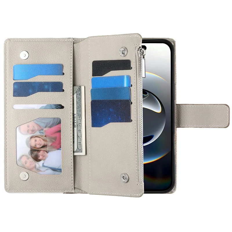 For iPhone 16 Pro Max Case Zipper Pocket Wallet Color Splicing Leather Flip Phone Cover with Straps - White
