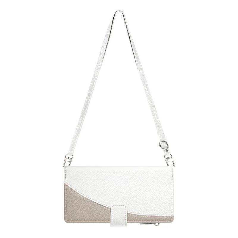 For iPhone 16 Pro Max Case Zipper Pocket Wallet Color Splicing Leather Flip Phone Cover with Straps - White