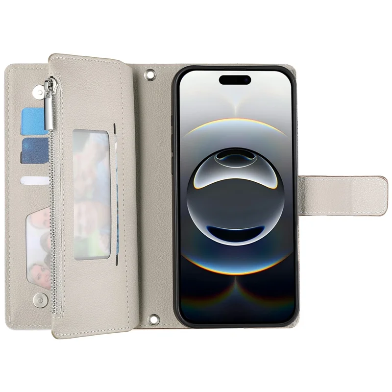 For iPhone 16 Pro Max Case Zipper Pocket Wallet Color Splicing Leather Flip Phone Cover with Straps - White
