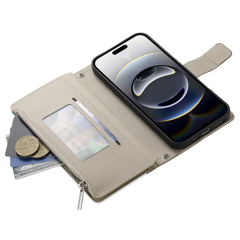For iPhone 16 Pro Max Case Zipper Pocket Wallet Color Splicing Leather Flip Phone Cover with Straps - White