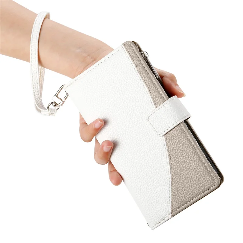 For iPhone 16 Pro Max Case Zipper Pocket Wallet Color Splicing Leather Flip Phone Cover with Straps - White
