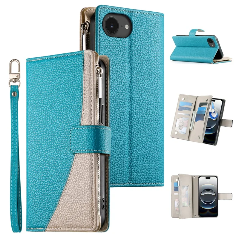 For iPhone 16e Case Zipper Pocket Wallet Color Splicing Leather Flip Phone Cover with Straps - Lake Blue