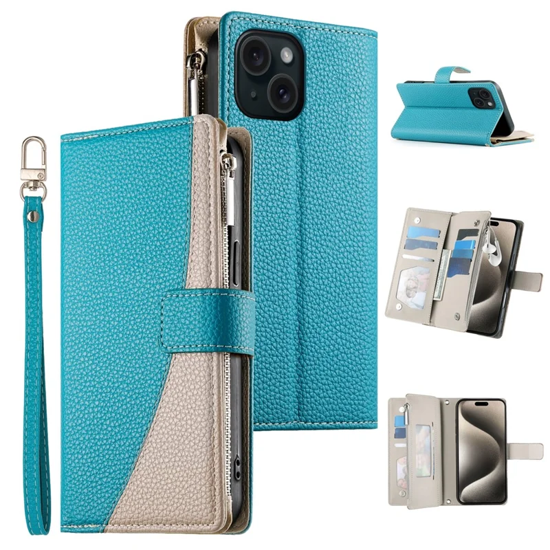 Étui pour iPhone 15 avec Pochette à Fermeture Éclair, Portefeuille, Cuir à Empiècements Colorés, Rabat avec Lanières - Bleu Lac