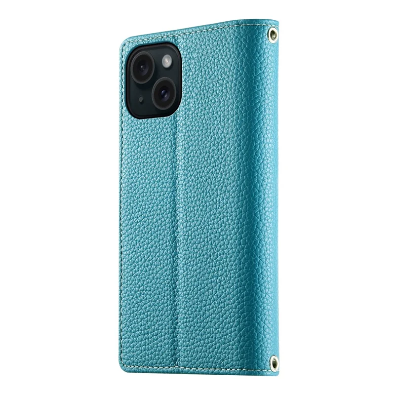Étui pour iPhone 15 avec Pochette à Fermeture Éclair, Portefeuille, Cuir à Empiècements Colorés, Rabat avec Lanières - Bleu Lac