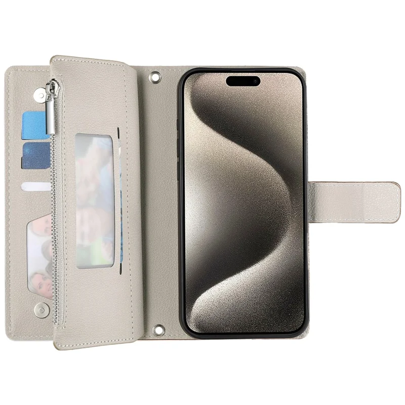Étui pour iPhone 15 avec Pochette à Fermeture Éclair, Portefeuille, Cuir à Empiècements Colorés, Rabat avec Lanières - Bleu Lac