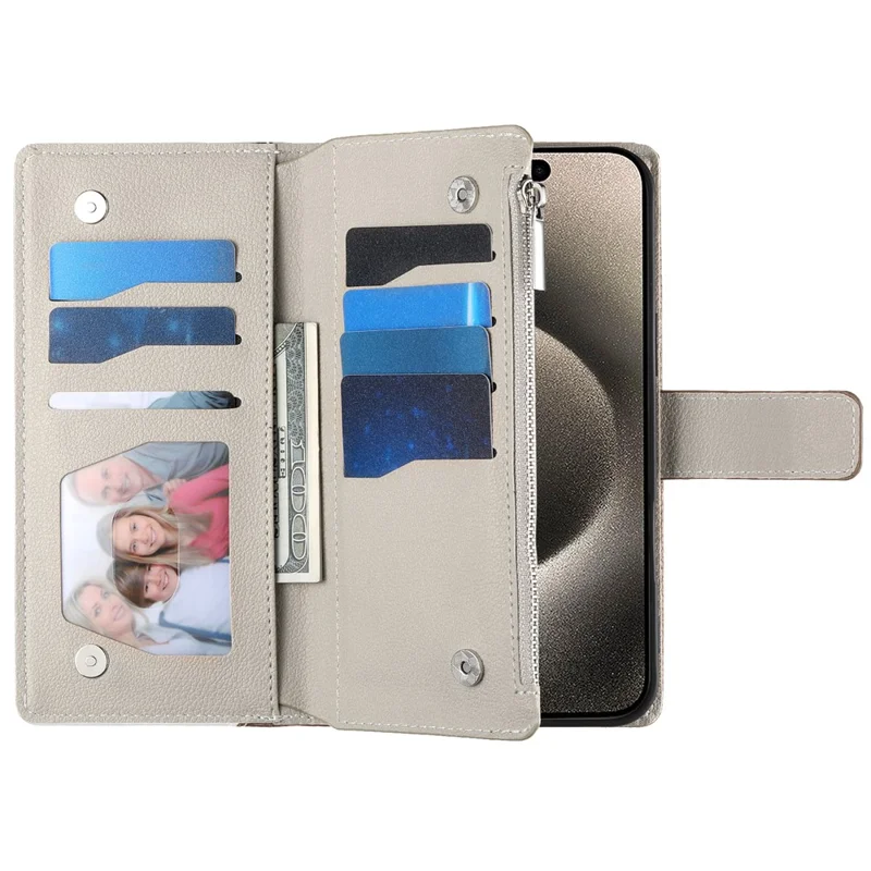 Étui pour iPhone 15 avec Pochette à Fermeture Éclair, Portefeuille, Cuir à Empiècements Colorés, Rabat avec Lanières - Bleu Lac