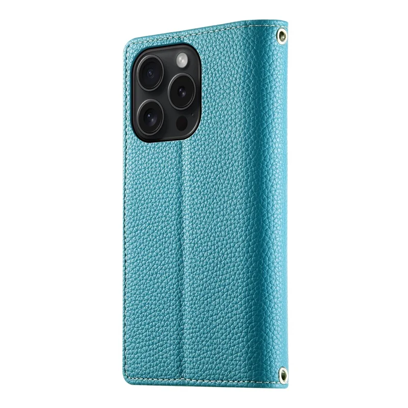 For iPhone 15 Pro Case Zipper Pocket Wallet Color Splicing Leather Flip Phone Cover with Straps - Lake Blue