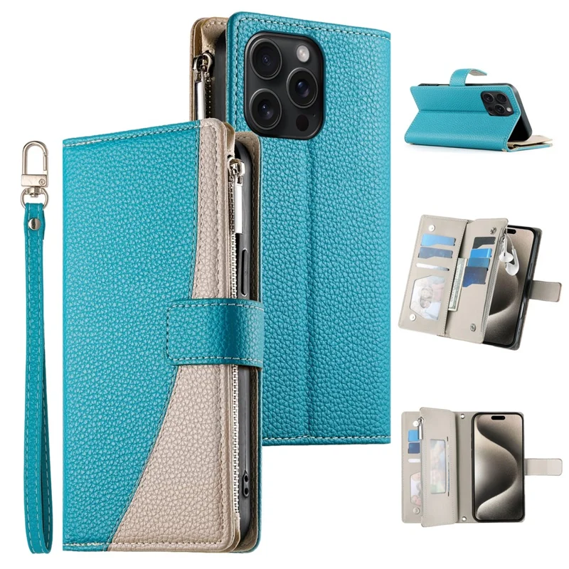 Étui pour iPhone 15 Pro Max avec Pochette à Fermeture Éclair, Portefeuille Bicolore en Cuir, Rabat avec Sangles - Bleu Lac