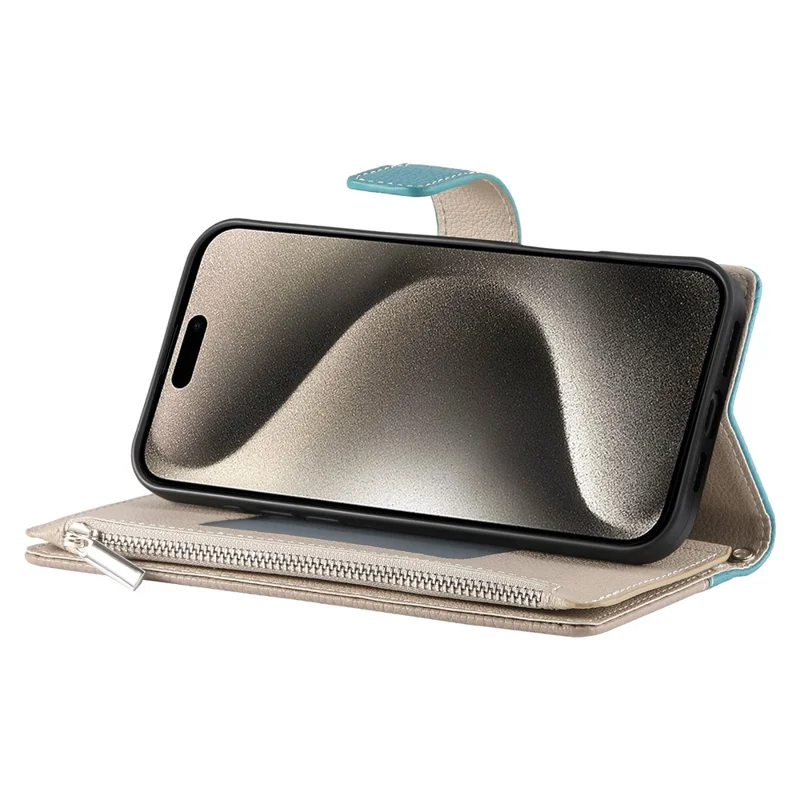 Étui pour iPhone 15 Pro Max avec Pochette à Fermeture Éclair, Portefeuille Bicolore en Cuir, Rabat avec Sangles - Bleu Lac