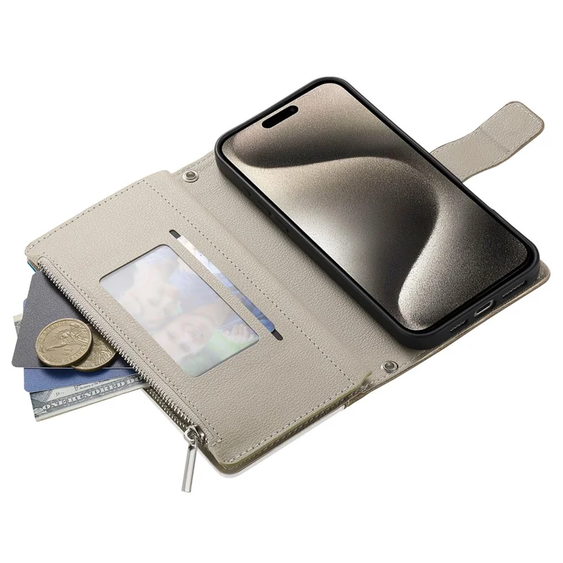 Étui pour iPhone 15 Pro Max avec Pochette à Fermeture Éclair, Portefeuille Bicolore en Cuir, Rabat avec Sangles - Bleu Lac