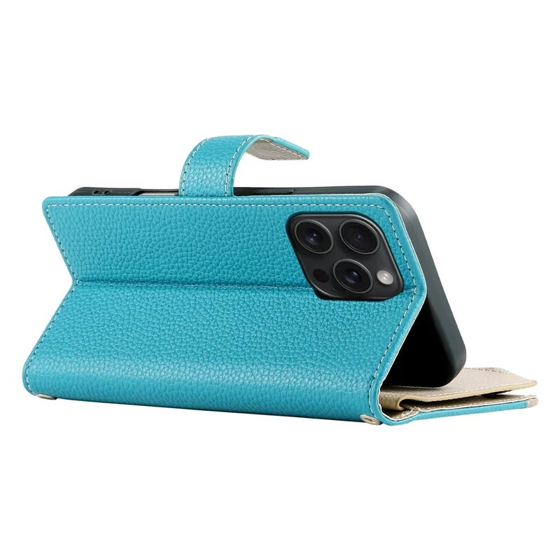 Étui pour iPhone 15 Pro Max avec Pochette à Fermeture Éclair, Portefeuille Bicolore en Cuir, Rabat avec Sangles - Bleu Lac