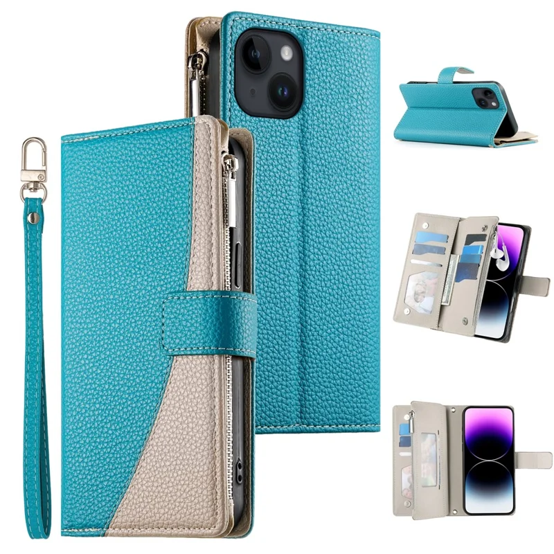 Capa para iPhone 14 / 13 com Bolso de Zíper, Carteira, Divisão de Cores em Couro com Alças - Azul Lago