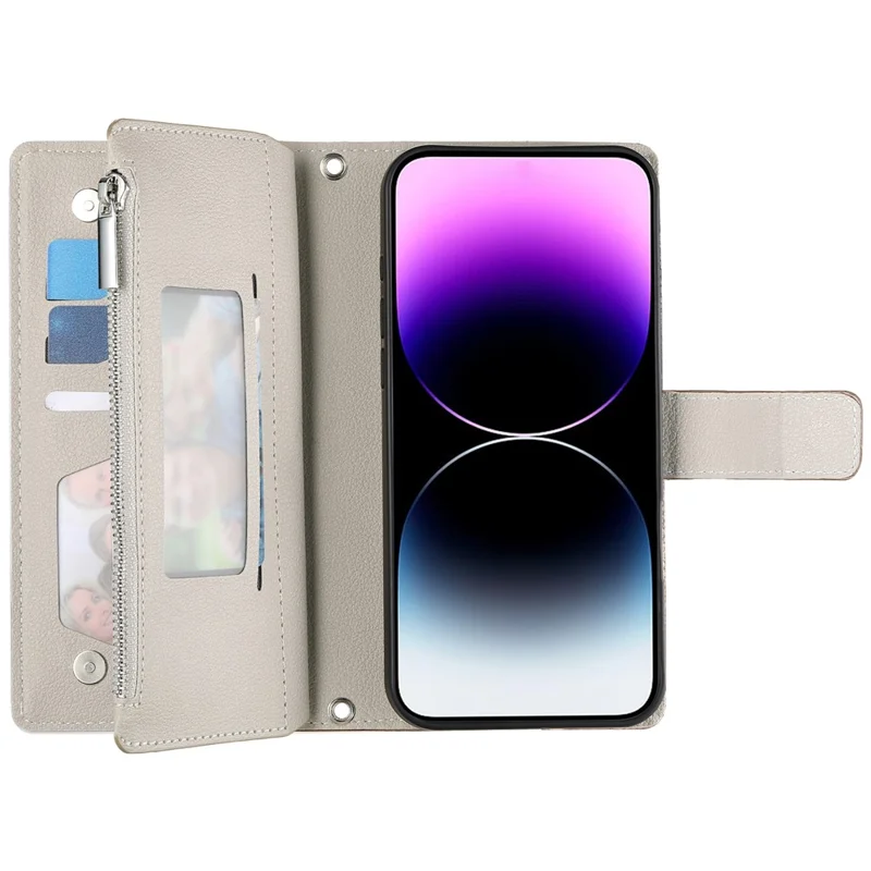 Capa para iPhone 14 / 13 com Bolso de Zíper, Carteira, Divisão de Cores em Couro com Alças - Azul Lago