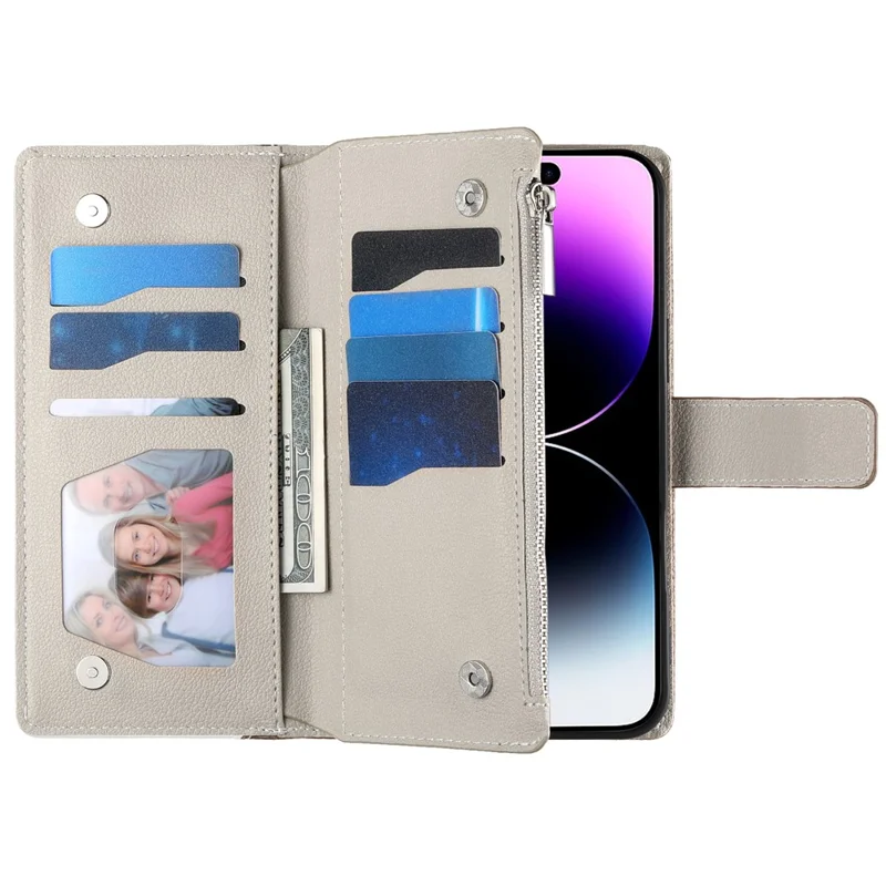 Capa para iPhone 14 / 13 com Bolso de Zíper, Carteira, Divisão de Cores em Couro com Alças - Azul Lago