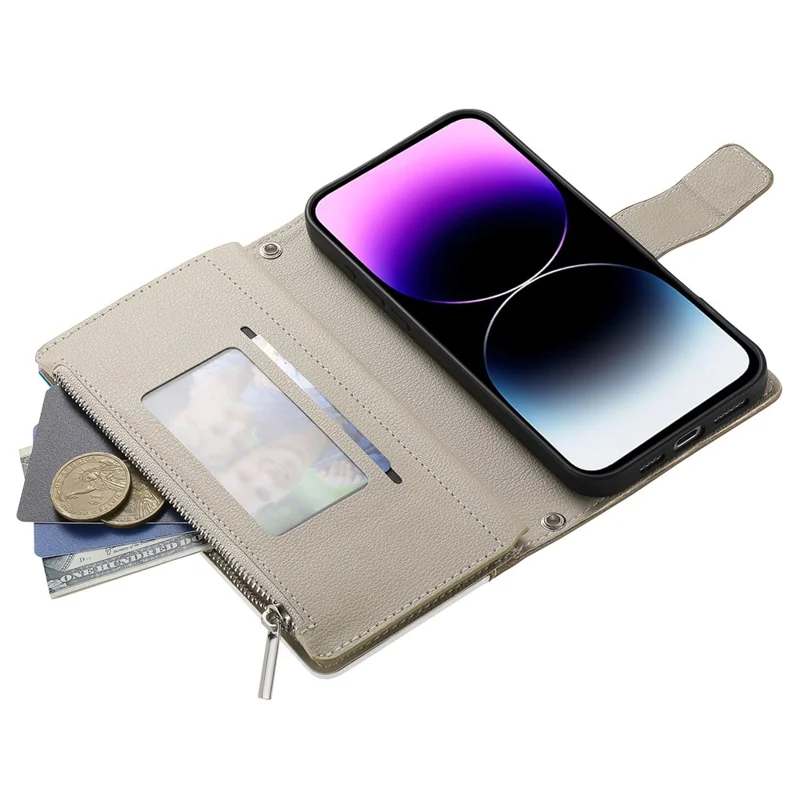 Capa para iPhone 14 / 13 com Bolso de Zíper, Carteira, Divisão de Cores em Couro com Alças - Azul Lago