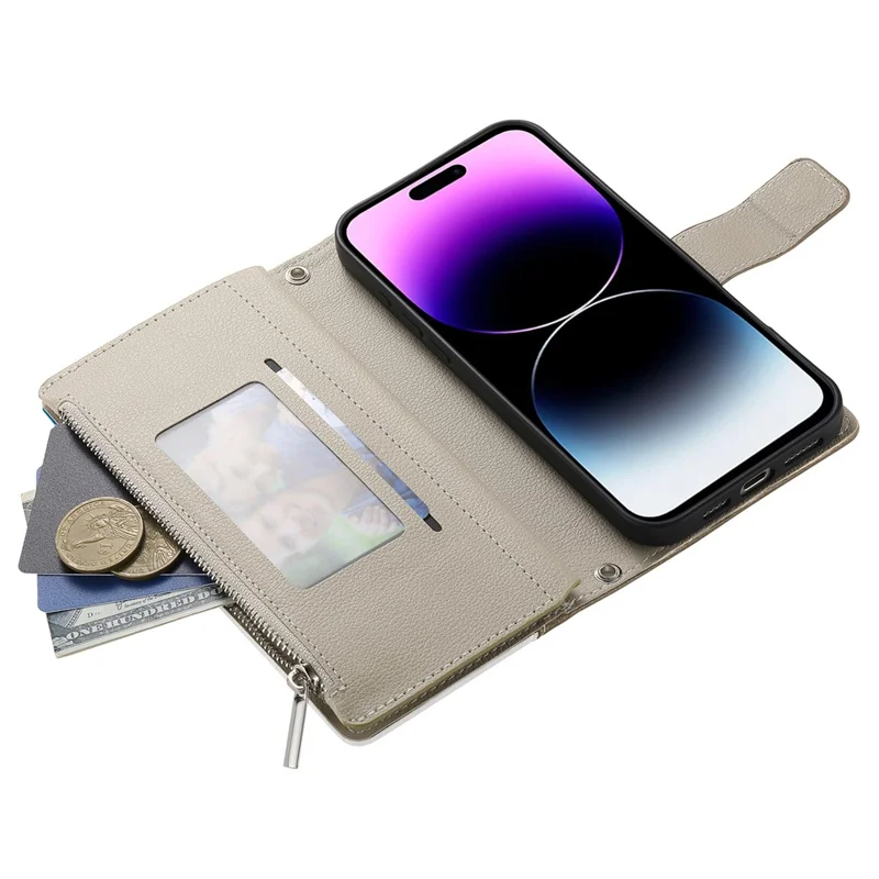 For iPhone 14 Pro Case Zipper Pocket Wallet Color Splicing Leather Flip Phone Cover with Straps - Lake Blue