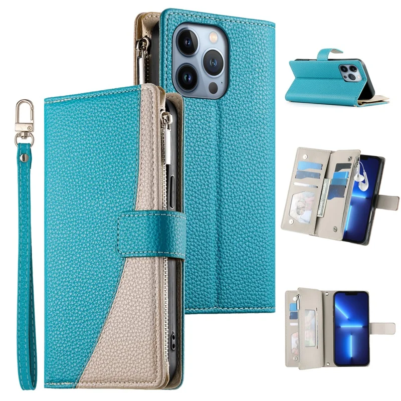 Étui pour iPhone 13 Pro Poche Zippée Portefeuille Couleur Mélangée Étui Rabat en Cuir avec Sangles - Bleu Lac