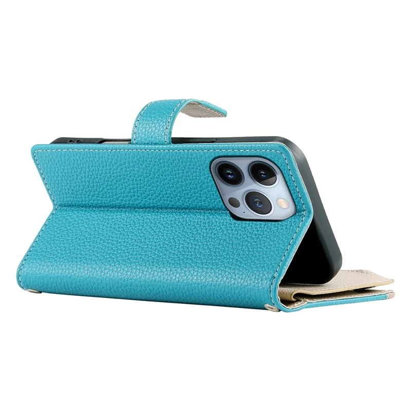Étui pour iPhone 13 Pro Poche Zippée Portefeuille Couleur Mélangée Étui Rabat en Cuir avec Sangles - Bleu Lac