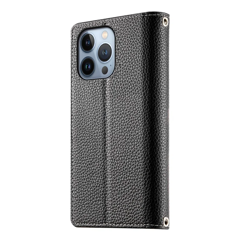 For iPhone 13 Pro Case Zipper Pocket Wallet Color Splicing Leather Flip Phone Cover with Straps - Black