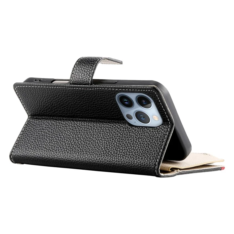 For iPhone 13 Pro Case Zipper Pocket Wallet Color Splicing Leather Flip Phone Cover with Straps - Black